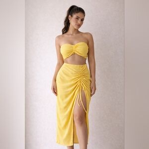 Yellow Ruched Bandeau Top & High-Slit Skirt Set